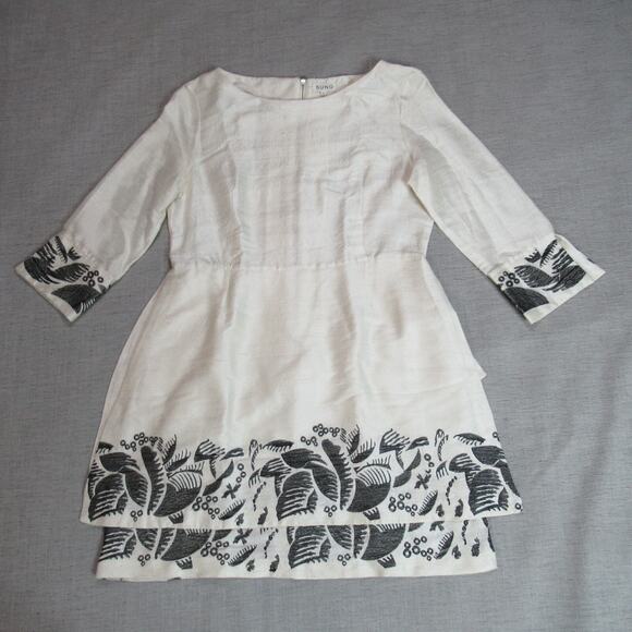 SUNO Dress Womens Size 2 Cream Black Floral Embroidered Quiet Luxury Rich Girl - Picture 1 of 12